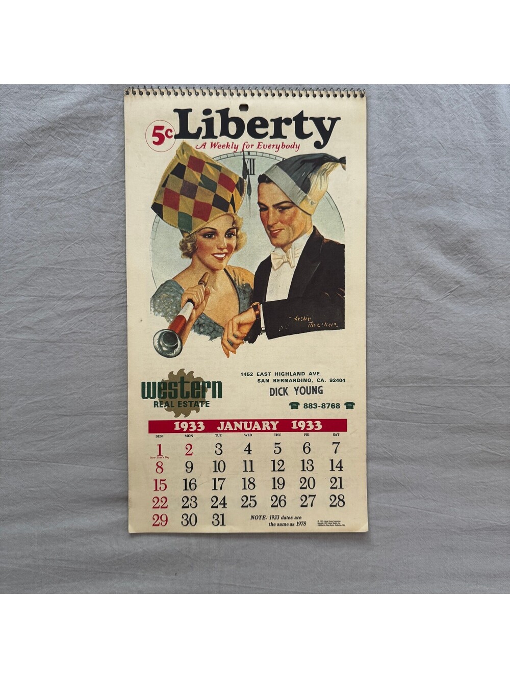 Vintage 1933 Liberty Weekly Calendar Wall Hanging